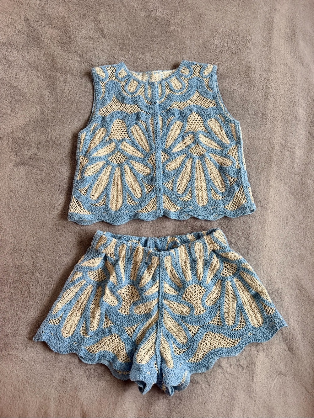 Blue and Cream Crochet Two-Piece Top and Shorts Set Size S-M